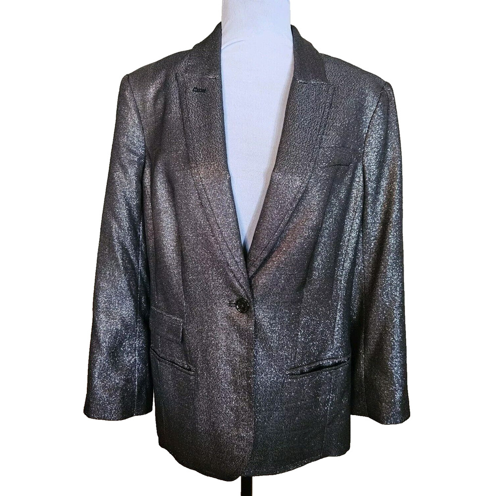 Tory Burch Metallic Black & Silver Shimmer Button Blazer Jacket Womens Size 12